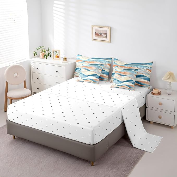 Geometric Wave Bedding Comforter Sets 7pcs Blue Beige Orange Bed in a Bag, Black Polka Dots Queen Bedding Sets Modern Abstract Art Comforter Set, Vintage Minimalist Bedding Sets & Collections