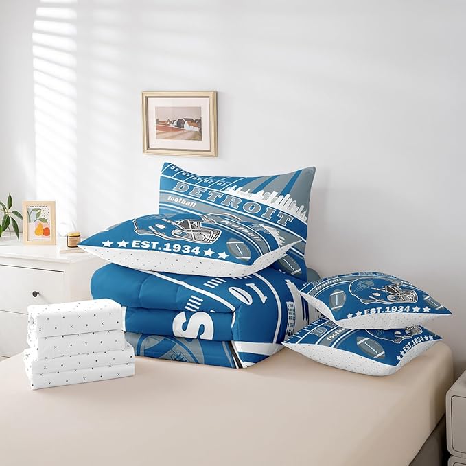 Feelyou Football 7 Pieces Comforter Sets Queen Size Kids Rugby Sports Bedding Set for Boys Kids Teen Sports Theme Football City Bed in a Bag with Comforter, Sheets, Pillowcases & Cushion Cover