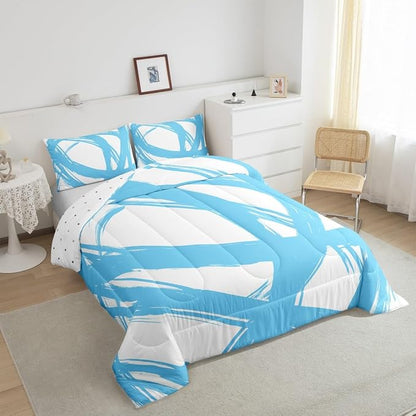 Blue and White Abstarct Comforter Set Twin Size for Kids Boys Girs,Graffiti Stripes Lines Bedding Set,Aesthetic Geometric Duvet Insert for Minimalists,Contemporary Boho Modern Art Quilt