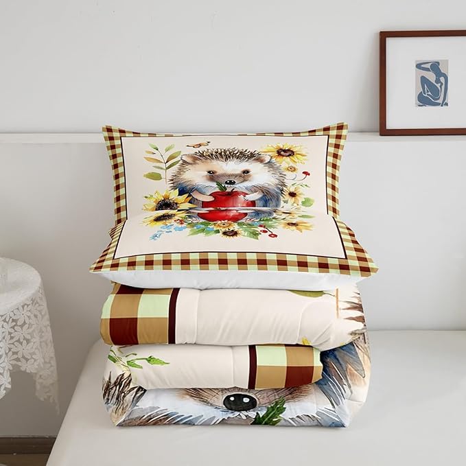 Cartoon Hedgehog Boys Girls Comforter Set Full Size,Fall Sunflower Leaves Duvet Set Teens Bedroom Decor,Autumn Harvest Thanksgiving Microfiber Soft Bedding
