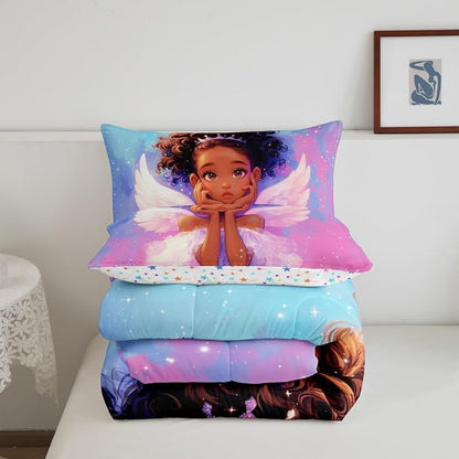 Manfei Princess Girl Comforter Set King Size, Cute Black Little Girl Bedding Set for Kids Women Adult Room Decor, Blue Pink Galaxy Down Comforter, Reversible Polyester Quilt Set,2 Pillowcases