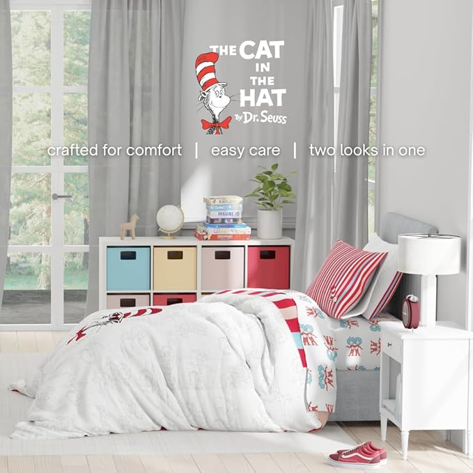 Dr. Seuss Cat in The Hat Kids Bedding, 5 Piece Twin Bed Set, Soft Cozy Reversible Comforter and Sheet Set with Sham, Officially Licensed Product by Franco