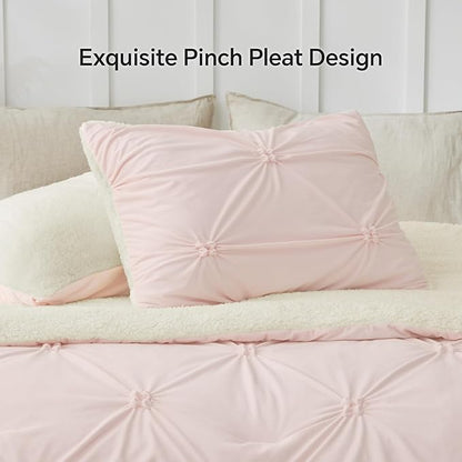 BEDELITE Pintuck Fluffy King Size Comforter Set - Super Soft Sherpa Pink Comforter for King Size Bed, Luxury Warm Bedding Set for Winter, Fuzzy Bed Set 3 Pieces (1 Comforter, 2 Pillowcases)