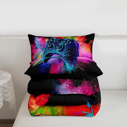 Erosebridal Teen Boys Gaming Full Size Comforter Sets Kids Gamer Bedding Set Girls Colorful Tie Dye Down Comforter Video Game Room Deocr Bed Set Navy Blue Gamepad Bedding Quilt with 2 Pillow Cases