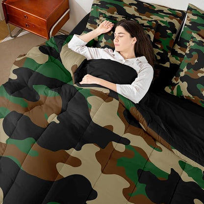 Erosebridal Camouflage 7 Piece Bedding Set Twin Camo Comforter Set with Sheets Dark Green Brown Black Bed in a Bag Rustic Farmhouse Abstract Bed Sets Comforter
