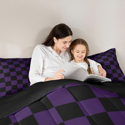 Checkered Bedding Set for Boys Girls Purple Black Plaid Comforter Set Toddler Size Cute Retro Neutral Checkerboard Geometric Duvet Quilt Vintage Aesthetic Bedroom Decor 2 Pcs with 1 Pillow Cases