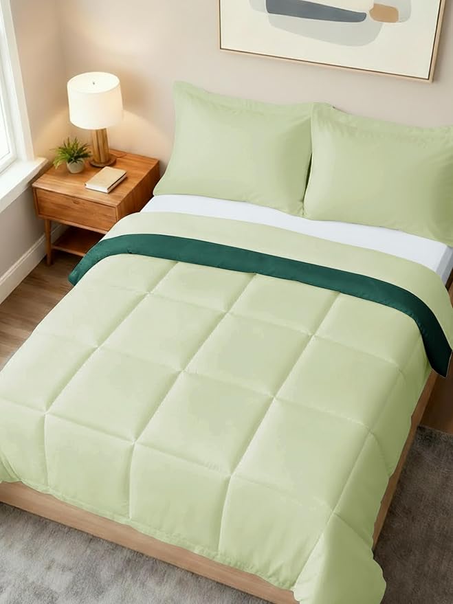 Queen Comforter Set - 7 Piece Bed in a Bag Queen Size Bed Set - Down Alternative Comforter, Flat Sheet, Fitted Sheet, Pillowcase & Shams for All Seasons - Soft, Comfy & Breathable - Light Sage/Emerald