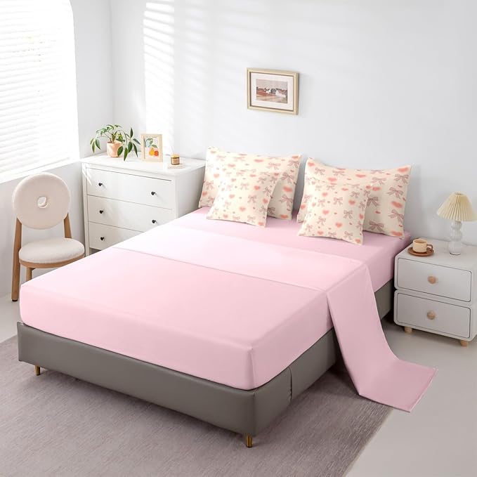 Erosebridal Bowknot Love Hearts Pink Girls King 7-Piece Comforter Set | Bow Kids Kawaii Sheets and Pillowcases Cute Ribbon Bed in A Bag Light Yellow Bed Sets