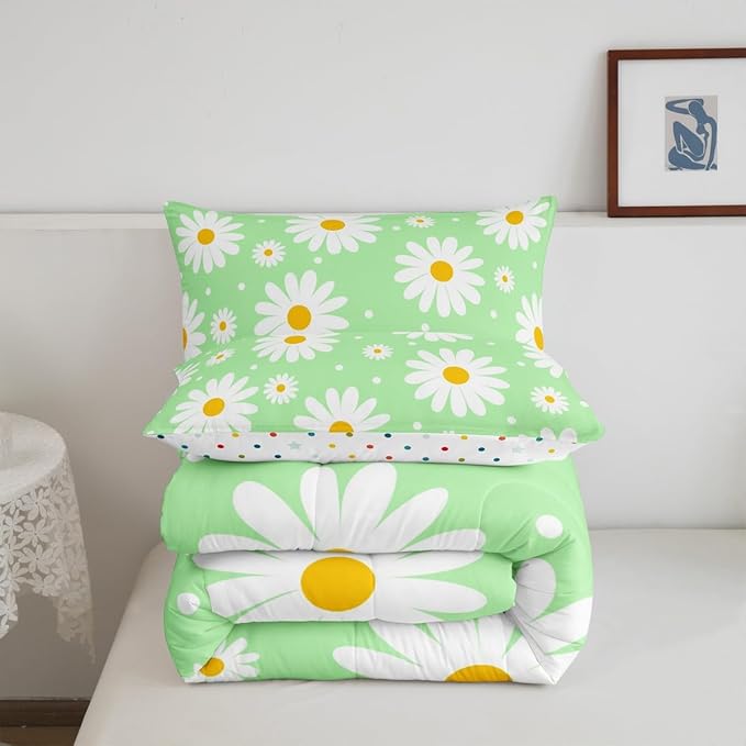 Erosebridal Girls Toddler Bedding Set Green Daisy Floral Comforter Set for Kids Teen Adults,Cute Cartoon Flower Comforter Rustic Floral Daisy Duvet Insert for Bedroom All Season