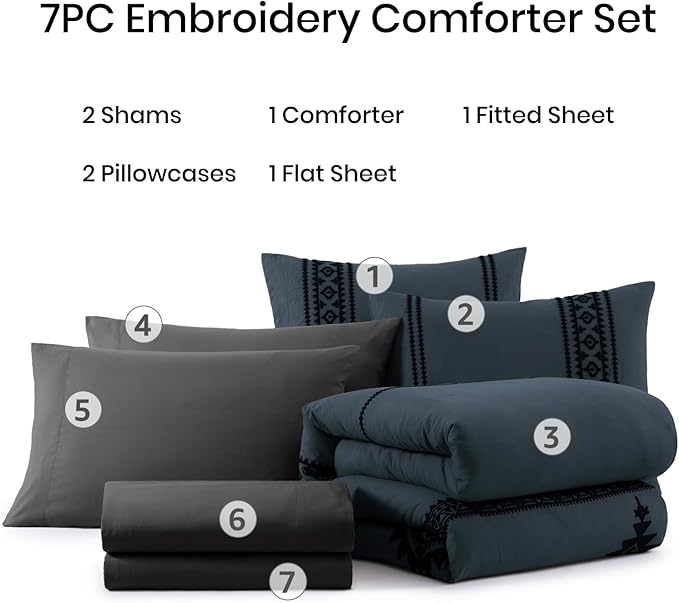 MaiRêve Embroidery Queen Size Comforter Set Blue Grey, Boho Farmhouse Western Bedding Set 7 Pieces, All Season Bed in A Bag Comforter Set with Sheets, Pillowcases & Shams