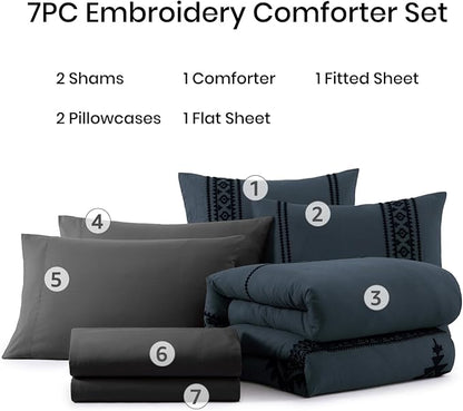 MaiRêve Embroidery Queen Size Comforter Set Blue Grey, Boho Farmhouse Western Bedding Set 7 Pieces, All Season Bed in A Bag Comforter Set with Sheets, Pillowcases & Shams
