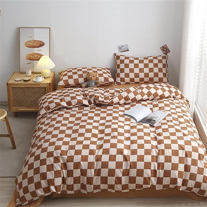 Pureant Pumpkin White Plaid Comforter Set King Brown and White Checkered Bedding Comforter Soft Women Girls Brown Checkerboard Grid Quilts King Size Boho Pumpkin Buffalo Plaid Comforter Geomertic