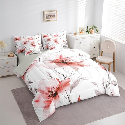 Erosebridal Blush Flower Twin 7 Pieces Bedding Set, Bohemian Floral Comforter Set with Sheets, Watercolor Flower Boho Bed Sets for Women Girls Adults, Ink Painting Style Blossom & Leaf Bed in A Bag