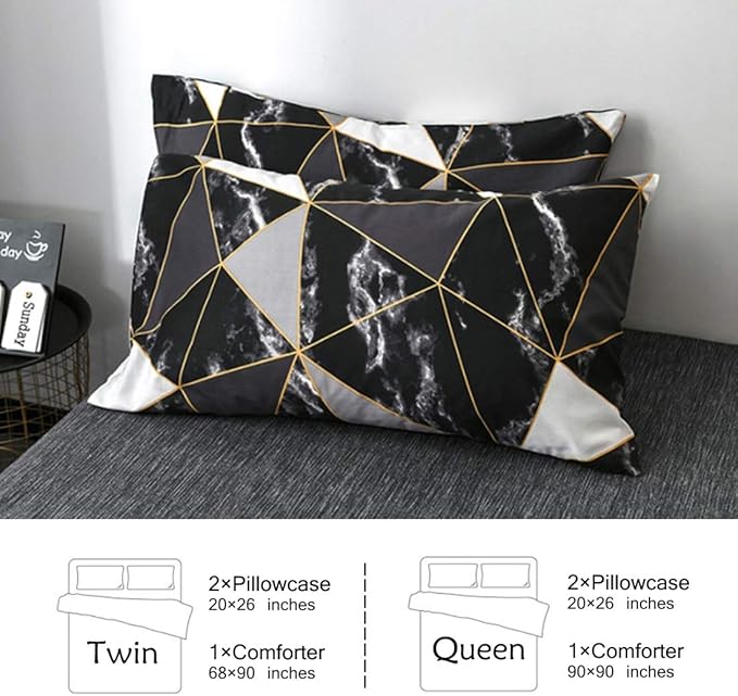 Cottonight Black Queen Comforter Set Geometric Black Marble Bedding Comforter Set Full Plaid Cotton Modern Lightweight Black White with Gold Lines Comforter for Women Men