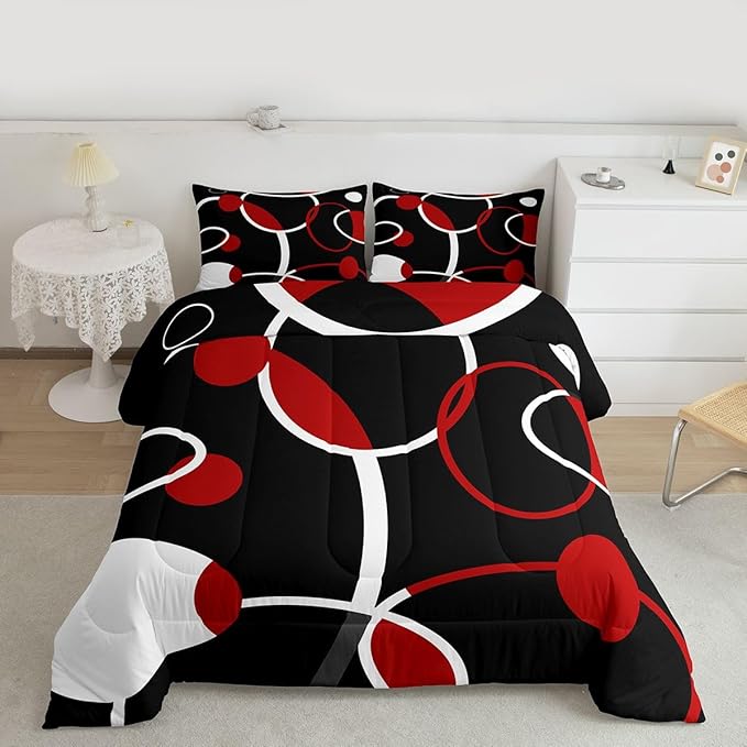 Erosebridal Geometric Comforter Set King Black and Red Circles Bedding Set, White Stripe Duvet Insert Abstract Modern Quilt Sets, Aesthetic Lines Bedding Comforters & Sets Minimalism Bedroom Decor