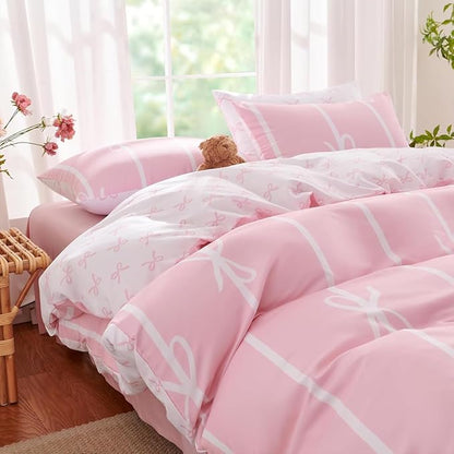 Pink Comforter Set Queen 3 Pieces Pink Bow Bedding Set for Girls Kids, 100% Microfiber, Cute Coquette Bowknot Comforter with 2 Pillowcases, Soft Lightweight, Pink White