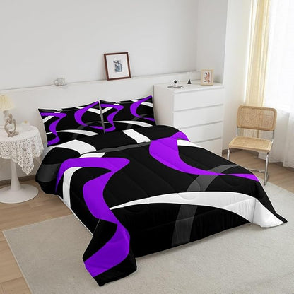 Erosebridal Grey Black Purple Bedding Comforter Sets Gray White Striped Abstract Bedding Set Twin for Girls Adults Men Women Geometric Stripes Down Comforter Modern Fashion Quilt Duvet
