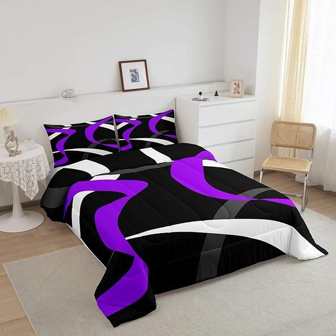Erosebridal Grey Black Purple Bedding Comforter Sets Gray White Striped Abstract Bedding Set King for Girls Adults Men Women Geometric Stripes Down Comforter Modern Fashion Quilt Duvet