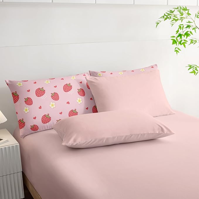 Cute Strawberry Queen Comforter Set,Light Cute Pink Strawberry Bedding Set 7 Piece in A Bag,Bed Sheet Set Cute Strawberries and Flowers Decor,Microfiber Lightweight All Season