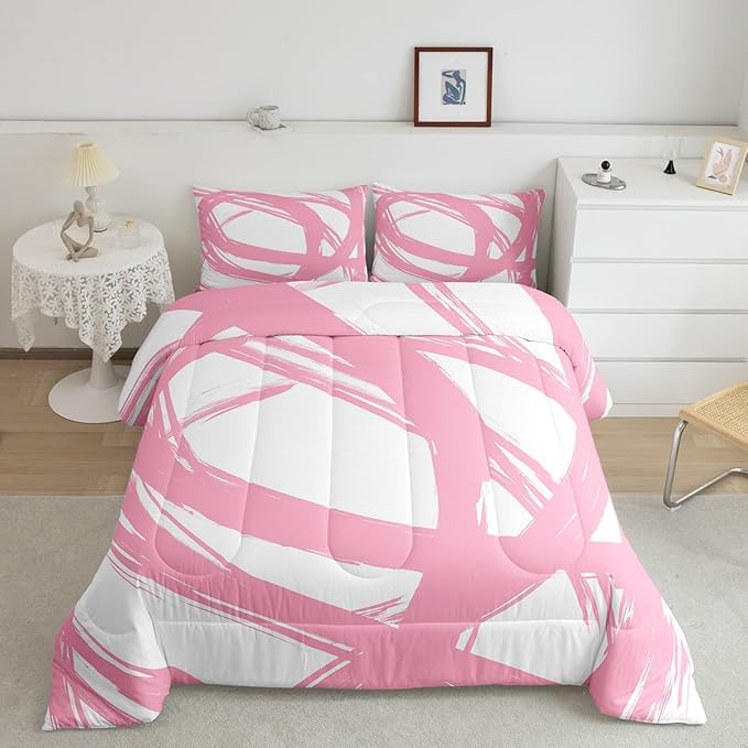 Erosebridal Pink and White Striped King Bedding Set for Kids Teens Adults, Geometric Striped Comforter Set for Minimalists,Graffiti Aesthetic Lines Duvet Insert,Contemporary Boho Modern Art Quilt