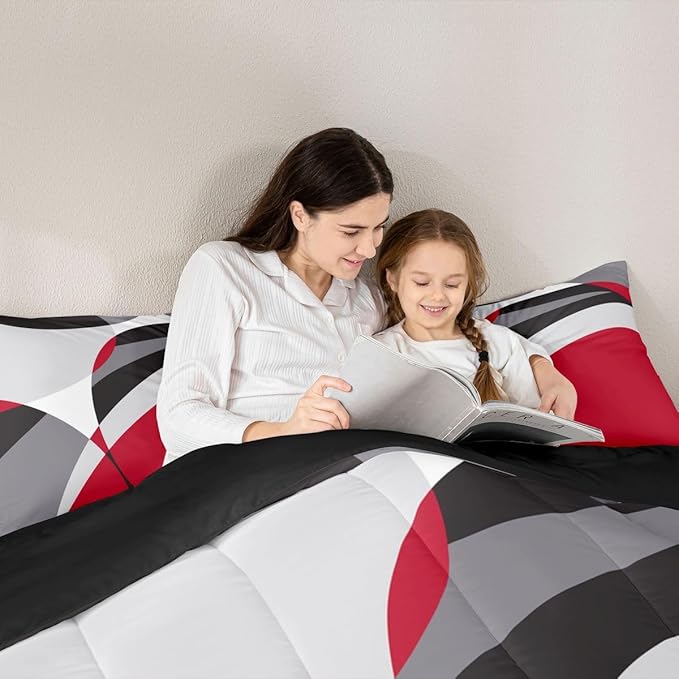 Erosebridal Aesthetic Stripe Bedding King Modern Comforter Set for All Ages, Geometric Circle Bedding Comforter Sets Abstract Artwork Duvet Set, Red Grey Black Quilted Comforter Luxury 3pcs