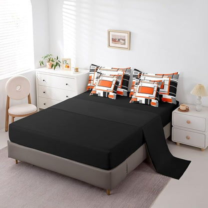 Erosebridal 7Pcs Orange White King Size Comforter Set,Modern Abstract Square Geometric Bed in A Bag,Boho Graffiti Striped Quilt,Minimalist Art Contemporary Bedding with Bed Sheets