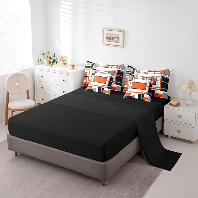 Erosebridal 7Pcs Orange White Queen Size Comforter Set,Modern Abstract Square Geometric Bed in A Bag,Boho Graffiti Striped Quilt,Minimalist Art Contemporary Bedding with Bed Sheets