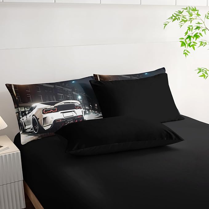 King 7PCS White Racing Car Bedding Set, 7 Piece in A Bag, Bed Sheet Set, Microfiber Lightweight All Season