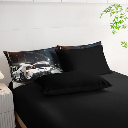 Sports Car Comforter Set Queen Size 7PCS, White Racing Car Bed Set Light White Racing Car Bedding Set 7 Piece in A Bag,Bed Sheet Set Racing Car Decor,Microfiber Lightweight All Season