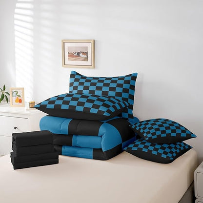 Feelyou Checkered 7 Piece Bedding Set Teen Blue Black Plaid Comforter Set with Sheets Full Size Kids Boys Cute Retro Neutral Checkerboard Geometric Bed in a Bag Vintage Aesthetic Room Decor