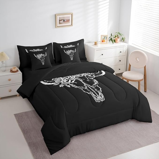 Erosebridal Bull Skull 7 Piece Bedding Set Twin Bohemian Comforter Set with Sheets Simple Line Drawing Bull Head Aztec Bed in a Bag Rose Leaf Print Black White for Teens Men Women