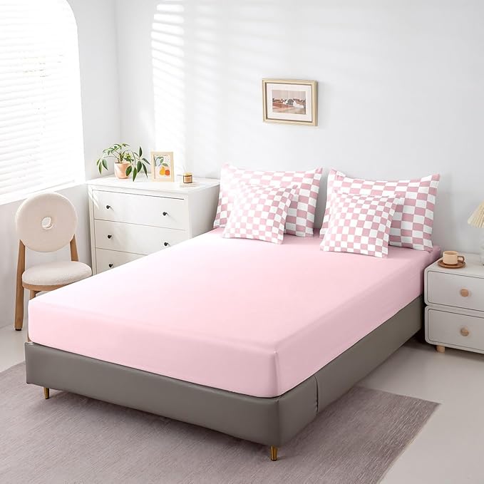 Feelyou Checkered 7 Piece Bedding Set Teen Women Men Pink Plaid Comforter Set with Sheets King Size Kids Boys Cute Retro Neutral Checkerboard Geometric Bed in a Bag Vintage Aesthetic Room Decor
