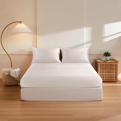 THXSILK 6A+ Top Grade 100% Pure Mulberry Silk Full Fitted Sheet 3Pcs Set Bed Sheets Luxury Bedding for Hair and Skin Breathable Safe Material, 1 Fitted Sheet with 2 Pillowcases, Pearl White