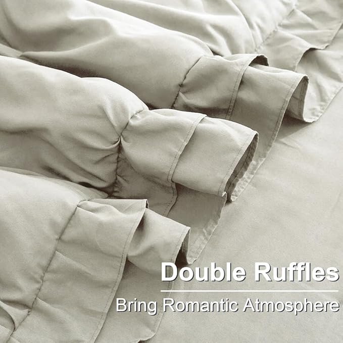 AMWAN Ruffled Pintuck Shabby Chic Farmhouse Comforter Set King Size 3 PCS (1 Solid Ruffled Comforter with 2 Pillowcases) Soft Fluffy Pinch Pleated Comforter Set All Seasons Comforter Set Light Grey