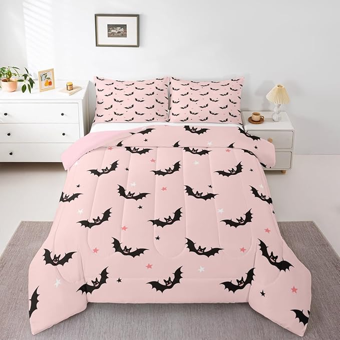Castle Fairy Colorful Star Pink Bedding Set for Boys Girls,Cut Black Bat All Season Cozy Comforter Set Full Size,Happy Halloween Theme Duvet Set Bedroom Decor,Personalized Birthday Gifts