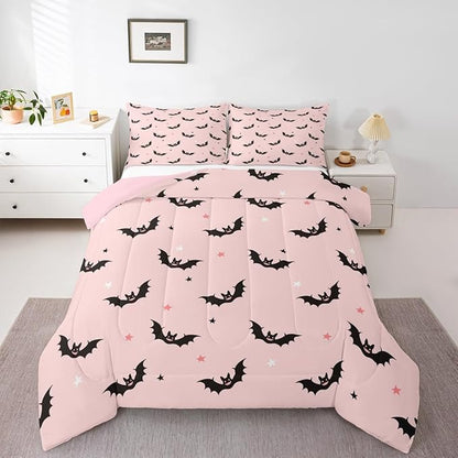 Castle Fairy Colorful Star Pink Bedding Set for Boys Girls,Cut Black Bat All Season Cozy Comforter Set Full Size,Happy Halloween Theme Duvet Set Bedroom Decor,Personalized Birthday Gifts