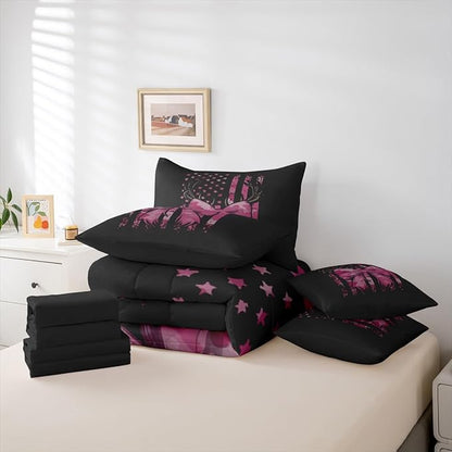 Erosebridal Bow King Comforter Set Deer 7-Piece Bed in A Bag Camouflage Antlers Bowknot American Flag Sheets and Pillowcases Black Pink Bed Sets
