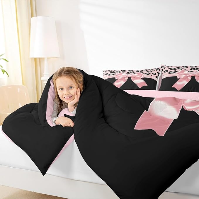 jejeloiu Pink Silk Bowknot Duvet Cover King Size Grey Leopard Bedding Set for Kids Girls Women Black Pink Comforter Cover Set Sweet Romantic Bedspread Cover 3Pcs