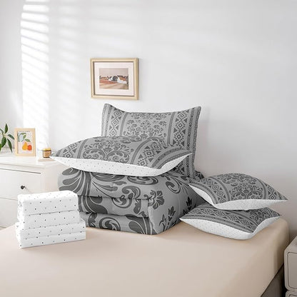 Comforter Set Full Size, Grey Damask Aztec 7 Pcs Bedding for Kids and Adults, Baroque Western Boho Gothic Floral Bed Sheet Sets with Fitted Sheet 2 Pillowcases & 2 Shams for Bedroom Bed Decor