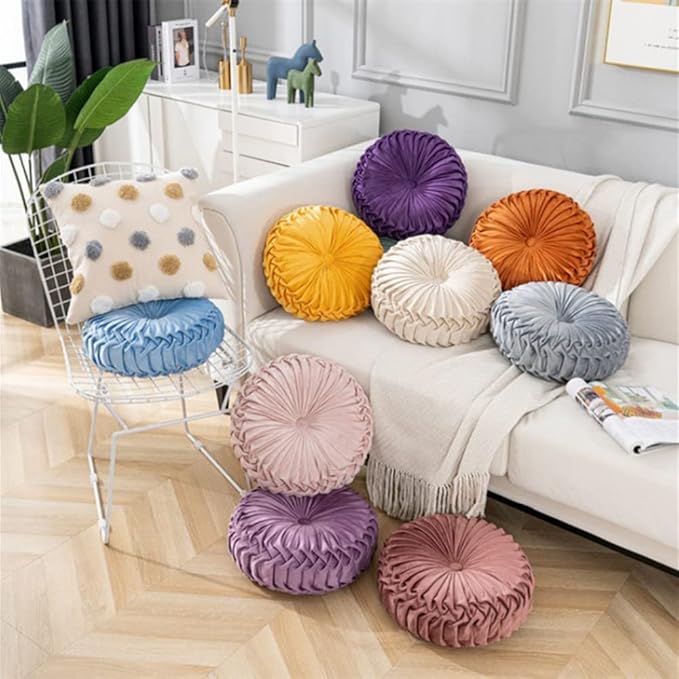 NatureMan 13.7 inch Round Sofa Cushion Pure Color Velvet Home Decor, Pleated Round Cushion, Pumpkin Pillow Suitable for Home Bed car Decoration (Light Purple)