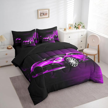 Feelyou Sports Car 7 Piece Bedding Set Purple Race Car Comforter Set with Sheets for Kids Boys Girls Extreme Sports Bed in a Bag Cool Speed Luxury Car Decor Quilt with 1 Pillowcase Twin
