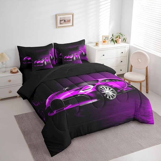 Feelyou Sports Car 7 Piece Bedding Set Purple Race Car Comforter Set with Sheets for Kids Boys Girls Extreme Sports Bed in a Bag Cool Speed Luxury Car Decor Quilt with 2 Pillowcases Queen