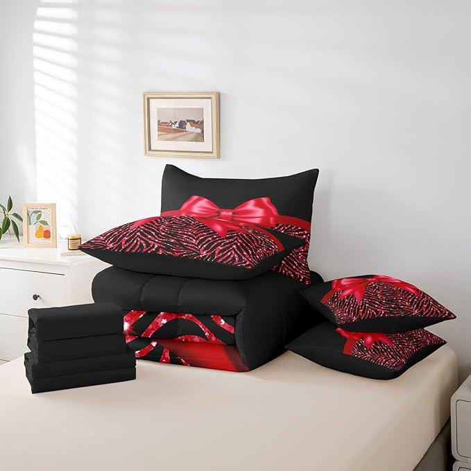 Feelyou Red Bowknot 7 Piece Bedding Set Queen Size Glitter Print Comforter Set with Sheets for Kids Girls Adult Cute Bowknot Bed in a Bag Black Silver Bed Set