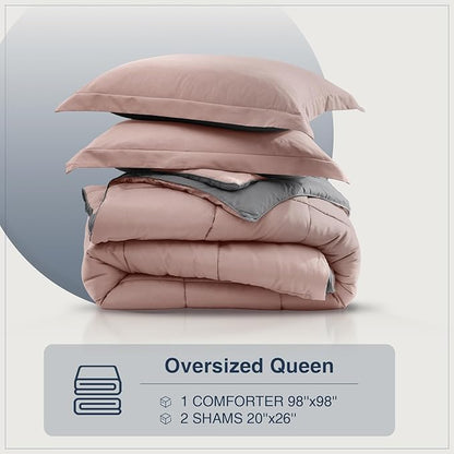 satisomnia Oversized Queen Comforter Set, Pink Bedding Comforters Oversized Queen, 3 Pieces Down Alternative Bed Comforter Lightweight, Soft Bed Set Breathable Reversible All Season Bedding Sets