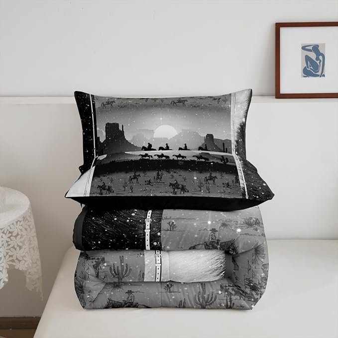 Feelyou Grey Western Decor Comforter Full Size Wild Western Cowboy Comforter Set for Boys Girls Children Horse Setting Sun Glitter Bedding Set Room Decor Horseshoes West Texas Star Duvet Set 3Pcs