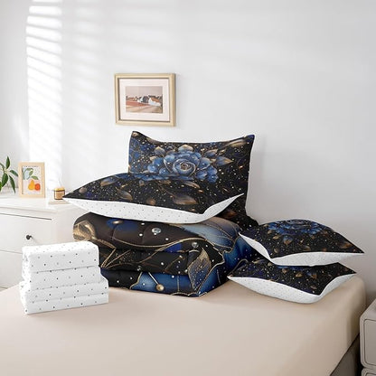 Erosebridal Gold Blue Rose Comforter Set Twin 7 Piece,Romantic Rose Flower Bedding Set for Girls Women Bedroom Decor,Rustic Flowers Bed in a Bag with Fitted Sheet,Flat Sheet,Pillowcases & Shams
