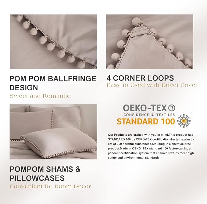 MUKKA King Comforter Set 5-Piece Comforter Set King Size Khaki, Boho Pom Pom Fringe Comforter Set King Size Tan, Bedding Comforter Set Taupe with 2 Pillowcases,2 Pillowshams