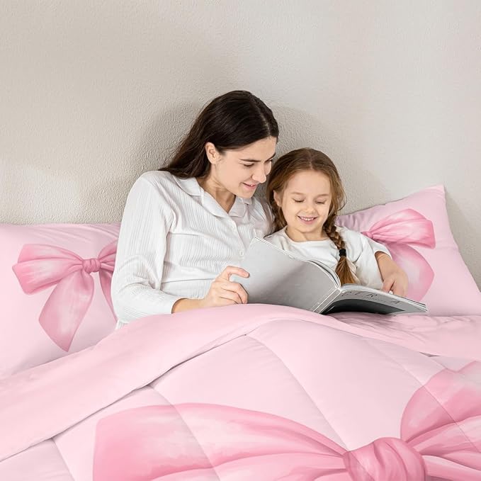 Feelyou Pink Bow Comforter Set All Season Cute Bowknot Bedding Set with 2 Pillow Cases Pricess Style Microfiber Kids King Bedclothes Kawaii Bedroom Decor Duvet Quilt Breathable Soft Lightweight