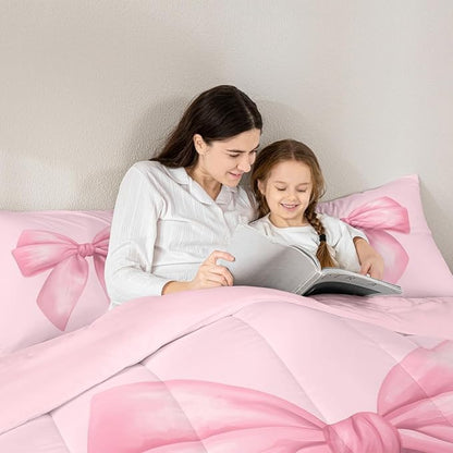 Feelyou Pink Bow Comforter Set All Season Cute Bowknot Bedding Set with 1 Pillow Cases Pricess Style Microfiber Kids Toddler Bedclothes Kawaii Bedroom Decor Duvet Quilt Breathable Soft Lightweight