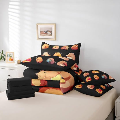 Erosebridal Funny Capybaras 7 Pieces Bedding Set Full,Capybara Lover Bed in a Bag,Cartoon Rodents Bed Set Includes Comforter,Sheet Set,Pillowcases & Pillow Covers,Black Khaki Capybara Bedroom Decor
